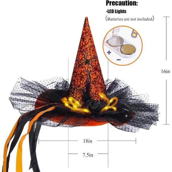 Women's Halloween Witch Hat with LED Lights, Black Yellow - Picture 4 of 7